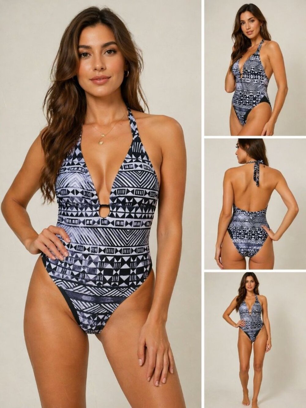 Cyn & Luca brand geometric print halter one-piece swimsuit Size M Swim Wear